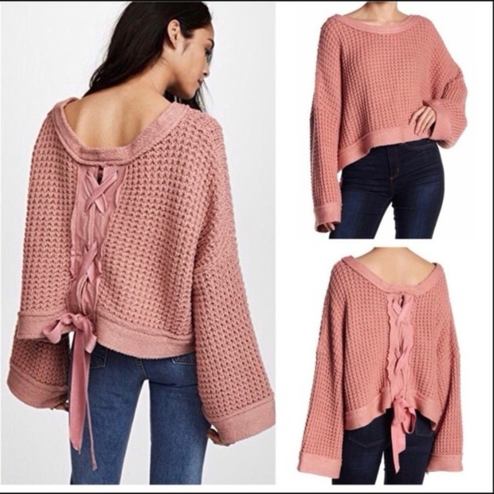 Free People Pink Knit Sweater with Back Tie Detail